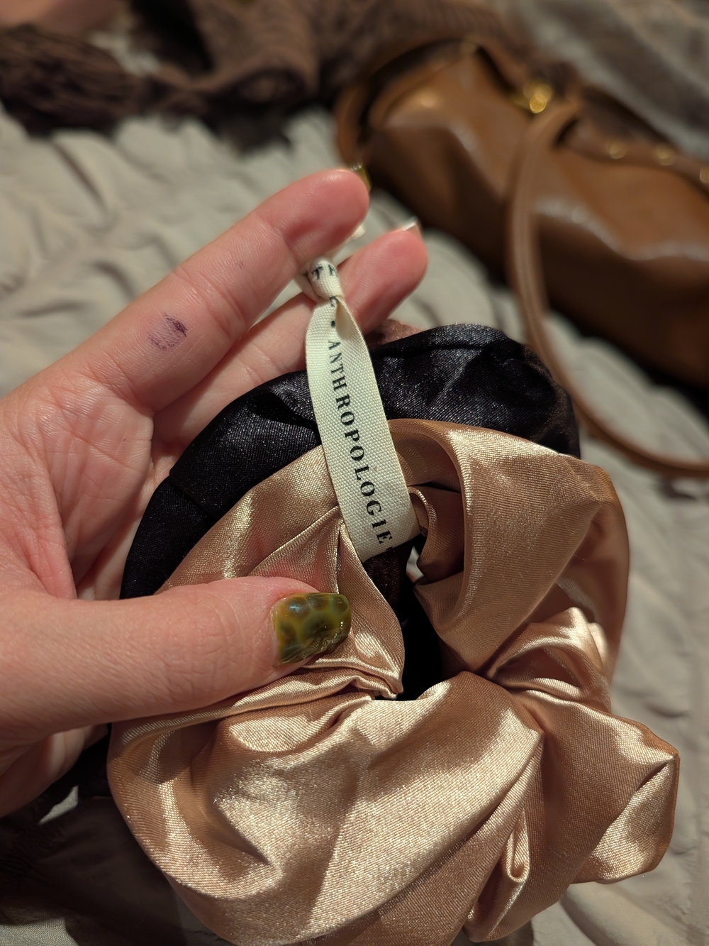 Anthropologie Satin Scrunchie Set in Black and Champagne